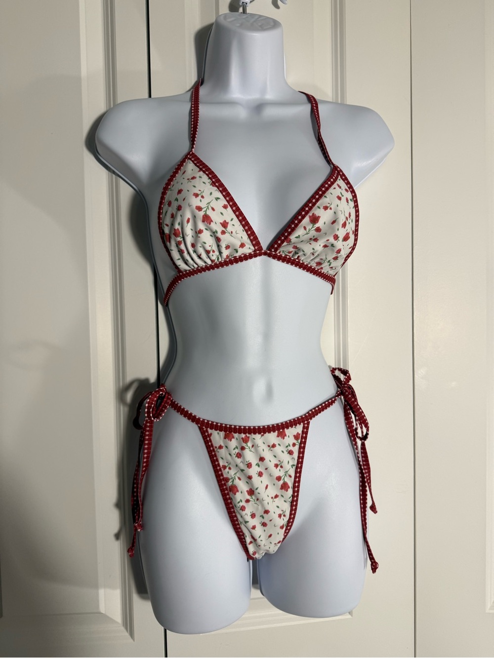 SHEIN White Floral Triangle Bikini with Red Trim